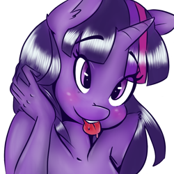 Size: 800x800 | Tagged: safe, artist:krispykakes, twilight sparkle, unicorn, anthro, g4, blushing, bust, drool, female, mare, nudity, simple background, smiling, solo, tongue out, unicorn twilight, white background