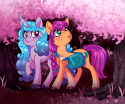 Size: 2705x2253 | Tagged: safe, artist:cartoonboyfriends, izzy moonbow, sunny starscout, earth pony, pony, unicorn, g5, bag, duo, forest, high res, saddle bag