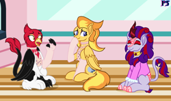 Size: 1786x1056 | Tagged: safe, artist:peregrinstaraptor, oc, oc only, oc:genette, oc:mademoiselle, oc:wyldfyre, griffon, kirin, pegasus, pony, clothes, female, mare, shirt, socks