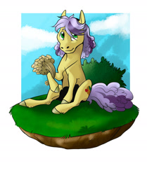 Size: 1280x1530 | Tagged: safe, artist:sandieflower, oc, oc only, oc:fall harvest, earth pony, pony, female, filly, food, magical lesbian spawn, offspring, parent:applejack, parent:inky rose, parents:inkyjack, sitting, solo, wheat