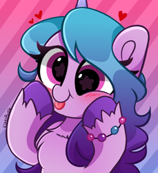 Size: 4000x4368 | Tagged: safe, artist:kittyrosie, izzy moonbow, pony, unicorn, g5, :p, absurd resolution, blushing, bracelet, cheek squish, chest fluff, cute, female, floating heart, gradient background, heart, izzybetes, jewelry, mare, signature, silly, silly face, silly pony, solo, squishy cheeks, starry eyes, striped background, tongue out, wingding eyes