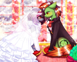 Size: 4000x3179 | Tagged: safe, artist:krissstudios, oc, oc only, earth pony, pony, clothes, dress, female, male, mare, stallion, suit, wedding dress