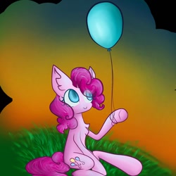 Size: 1024x1024 | Tagged: safe, artist:nkobox, pinkie pie, earth pony, pony, g4, balloon, eye clipping through hair, sitting, solo