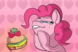 Size: 3000x2000 | Tagged: safe, artist:swagstapiece, pinkie pie, earth pony, pony, g4, bow, burger, female, food, hay burger, heart, heart background, high res, imminent nom, kitchen eyes, lip bite, mare, olive, solo, sweat, unf