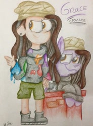Size: 707x960 | Tagged: safe, artist:milledpurple, oc, oc only, earth pony, human, pony, beanie, boots, bust, clothes, duo, ear piercing, earth pony oc, hat, humanized, piercing, shoes, shorts, signature, smiling