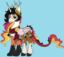Size: 1024x906 | Tagged: safe, artist:rosefang16, oc, oc only, oc:prince apollo, alicorn, hybrid, pony, alicorn oc, antlers, blue background, chest freckles, chin fluff, draconequus hybrid, freckles, horn, interspecies offspring, laurel wreath, male, offspring, parent:discord, parent:princess celestia, parents:dislestia, simple background, solo, stallion, wings