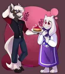 Size: 3531x4016 | Tagged: safe, artist:dymitre, oc, earth pony, goat, anthro, unguligrade anthro, arm behind head, blushing, canon x oc, clothes, earth pony oc, female, food, male, pie, signature, smiling, straight, toriel, undertale, unshorn fetlocks