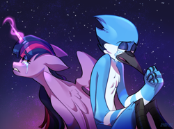 Size: 1500x1118 | Tagged: safe, artist:dymitre, twilight sparkle, alicorn, bird, pony, anthro, g4, anthro with ponies, crossover, crossover shipping, crying, female, glowing horn, horn, male, mordecai, mordetwi, night, outdoors, regular show, shipping, stars, straight, twilight sparkle (alicorn), wings