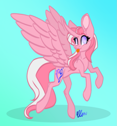 Size: 631x674 | Tagged: safe, artist:donnie-moon, oc, oc only, alicorn, pony, :p, alicorn oc, curved horn, eyelashes, female, gradient background, horn, mare, rearing, signature, tongue out, wings