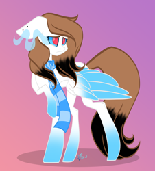 Size: 1746x1933 | Tagged: safe, artist:donnie-moon, oc, oc only, pegasus, pony, clothes, coat markings, female, gradient background, looking back, mare, pegasus oc, scarf, socks (coat markings), solo, sombra eyes, wings