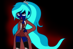 Size: 984x663 | Tagged: safe, artist:aonairfaol, oc, oc only, equestria girls, g4, base used, black background, clothes, coat, female, hand on hip, open mouth, simple background, smiling, solo