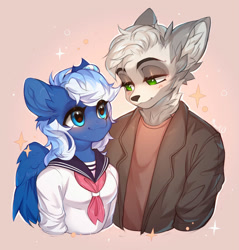 Size: 1224x1280 | Tagged: safe, artist:minekoo2, oc, oc only, pegasus, wolf, anthro, bedroom eyes, blushing, clothes, commission, cute, digital art, duo, female, furry, furry oc, looking at each other, male, mare, oc x oc, shipping, shirt, simple background, straight, wings, ych result