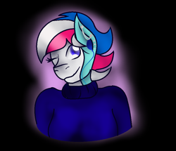 Size: 845x727 | Tagged: safe, artist:aonairfaol, oc, oc only, earth pony, anthro, black background, bust, clothes, earth pony oc, one eye closed, simple background, smiling, solo, wink