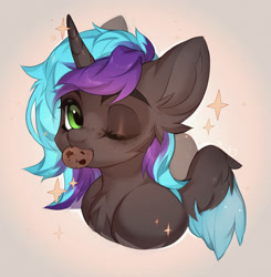 Size: 1254x1280 | Tagged: safe, artist:minekoo2, alicorn, pony, commission, cookie, digital art, female, food, horn, looking at you, mare, one eye closed, simple background, solo, spread wings, wings, wink, winking at you, ych result