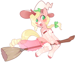 Size: 900x765 | Tagged: safe, artist:lavvythejackalope, oc, oc only, unicorn, anthro, unguligrade anthro, blush sticker, blushing, braid, broom, clothes, dress, flying, flying broomstick, hat, horn, simple background, solo, transparent background, unicorn oc, witch hat