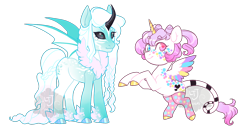 Size: 1500x800 | Tagged: safe, artist:lavvythejackalope, oc, oc only, alicorn, bat pony, bat pony alicorn, pony, alicorn oc, bat wings, chest fluff, clothes, duo, female, heterochromia, hoof fluff, horn, mare, rearing, simple background, smiling, socks, transparent background, wings