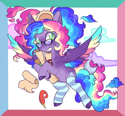 Size: 1400x1300 | Tagged: safe, artist:lavvythejackalope, oc, oc only, pegasus, pony, clothes, colored hooves, flying, glasses, multicolored hair, pegasus oc, quill, rainbow hair, scroll, simple background, socks, solo, striped socks, transparent background, wings
