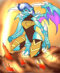 Size: 1400x1700 | Tagged: safe, artist:foxgearstudios, princess ember, dragon, anthro, digitigrade anthro, g4, abstract background, armor, dragoness, female, solo