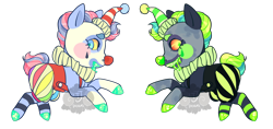 Size: 1000x470 | Tagged: safe, artist:lavvythejackalope, oc, oc only, earth pony, pony, clothes, clown, duo, earth pony oc, face paint, hat, jester hat, rearing, simple background, transparent background