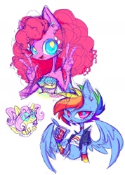 Size: 1159x1628 | Tagged: safe, artist:nkobox, fluttershy, pinkie pie, rainbow dash, earth pony, pegasus, anthro, g4, :>, alternate hairstyle, arm warmers, big hair, choker, clothes, colored sketch, cutie mark accessory, cutie mark earrings, cutie mark eyes, double peace sign, drink, ear piercing, earring, eye clipping through hair, female, jacket, jewelry, midriff, peace sign, piercing, pigtails, short shirt, simple background, sketch, tube top, white background, wingding eyes