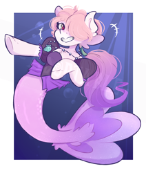 Size: 1076x1267 | Tagged: safe, artist:kisselmr, oc, oc only, hybrid, merpony, seapony (g4), adoptable, bubble, chest fluff, clothes, crepuscular rays, dress, eyelashes, female, fish tail, flowing mane, flowing tail, jewelry, looking at you, mermaid tail, necklace, ocean, red eyes, seashell, simple background, smiling, solo, tail, teeth, underwater, water, watermark