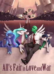 Size: 744x1023 | Tagged: safe, artist:28gooddays, princess celestia, princess luna, raven, oc, oc:anon, alicorn, human, unicorn, fanfic:all's fair in love and war, g4, angry, canterlot, clothes, fanfic, fanfic art, fanfic cover, female, green skin, hair bun, jewelry, male, mare, necktie, paperwork, pitchfork, regalia, silhouette, suit, torch
