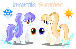 Size: 1280x817 | Tagged: safe, artist:amicasecretuwu, oc, oc only, oc:invernia, oc:summer, pegasus, pony, unicorn, female, mare, parent:ghiacciatina, siblings, simple background, transparent background, twins