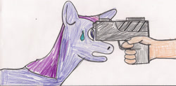 Size: 2112x1037 | Tagged: safe, artist:ajkiel91, twilight sparkle, human, pony, unicorn, g4, abuse, background pony strikes again, female, gun, hand, handgun, hater, imminent death, mare, murder, offscreen character, op is a duck, stylistic suck, sweat, traditional art, twilybuse, unicorn twilight, violence, wat, weapon, why, wtf