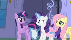 Size: 1920x1080 | Tagged: safe, screencap, fluttershy, rarity, twilight sparkle, alicorn, pegasus, pony, unicorn, g4, season 9, the beginning of the end, bag, female, glowing horn, horn, levitation, looking at each other, magic, mare, paper, raised hoof, saddle bag, smiling, telekinesis, trio, trio female, twilight sparkle (alicorn)