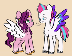 Size: 3011x2345 | Tagged: safe, artist:chub-wub, pipp petals, zipp storm, pegasus, pony, g5, adorapipp, adorazipp, chest fluff, cute, dialogue, duo, female, high res, lidded eyes, looking at each other, mare, pipp is short, royal sisters (g5), siblings, simple background, sisters, sisters being sisters, smiling, spread wings, wings, zipp is tall