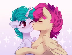 Size: 3000x2300 | Tagged: safe, artist:whiteliar, part of a set, oc, oc only, oc:hazel, oc:wallparty, pegasus, pony, unicorn, commission, high res, kissing, ych result