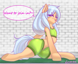 Size: 3300x2688 | Tagged: safe, artist:lesenka, oc, oc only, oc:lesenka, bat pony, pony, :p, alternate hairstyle, blurry background, butt, chest fluff, clothes, cute, dialogue, ear fluff, eye clipping through hair, eyebrows, eyebrows visible through hair, female, fitness, high res, looking at you, mare, plot, sexy, shorts, signature, sitting, smiling, smirk, solo, speech bubble, stretching, talking to viewer, tongue out, underhoof