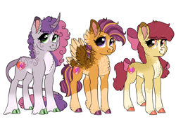 Size: 2886x2048 | Tagged: safe, artist:moccabliss, apple bloom, scootaloo, sweetie belle, classical unicorn, earth pony, pegasus, pony, unicorn, g4, alternate design, chest fluff, cloven hooves, colored hooves, curved horn, cutie mark crusaders, ear fluff, feathered fetlocks, female, filly, high res, horn, leonine tail, simple background, tail feathers, trio, unshorn fetlocks, white background