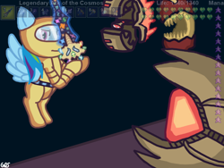 Size: 800x600 | Tagged: safe, artist:mudkip91/tetrahedron, rainbow dash, g4, armor, calamity mod, cataclysm, catastrophe, crossover, drawing, fight, night, overlay, supreme calamitas, sword, terraria, ui, video game, weapon
