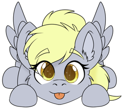 Size: 1208x1072 | Tagged: safe, artist:rokosmith26, derpy hooves, pegasus, pony, g4, :3, :p, cheek fluff, chibi, cute, ear fluff, eye clipping through hair, eyebrows, eyebrows visible through hair, female, looking at you, lying down, mare, simple background, solo, spread wings, tongue out, transparent background, wings