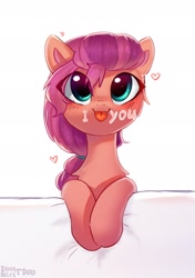 Size: 1856x2630 | Tagged: safe, alternate version, artist:enderselyatdark, sunny starscout, earth pony, pony, g5, :p, blushing, chest fluff, cute, daaaaaaaaaaaw, eye clipping through hair, female, heart, smiling, solo, sunnybetes, tongue out