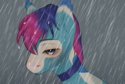 Size: 1280x858 | Tagged: safe, artist:azaani, oc, oc only, bat pony, pony, art trade, bat pony oc, choker, male, rain, solo, wet hair