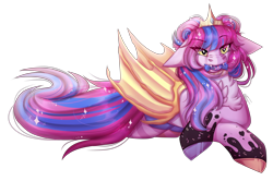 Size: 3700x2463 | Tagged: safe, artist:inspiredpixels, oc, oc only, bat pony, pony, bat pony oc, candy, colored hooves, crossed hooves, crown, female, floppy ears, food, high res, jewelry, lying down, mare, mouth hold, nose wrinkle, regalia, signature, simple background, solo, transparent background