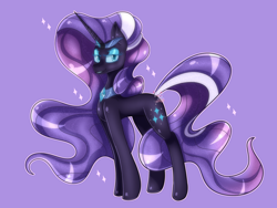 Size: 4000x3000 | Tagged: safe, artist:averyskies36, nightmare rarity, pony, unicorn, g4, blue eyes, colored pupils, crown, eyelashes, female, flowing mane, flowing tail, gem, horn, jewelry, lidded eyes, looking at you, necklace, purple background, purple mane, purple tail, regalia, simple background, smiling, solo, sparkles, tail