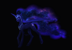 Size: 2571x1769 | Tagged: safe, artist:not-an-ornitologist, nightmare moon, alicorn, pony, g4, black background, blue eyes, blue mane, blue tail, colored pupils, dark, ethereal mane, evil grin, eyeshadow, fangs, female, flowing mane, galaxy mane, glowing horn, grin, helmet, horn, looking at you, makeup, peytral, simple background, smiling, solo, starry mane, starry tail, teeth, wings