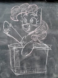 Size: 767x1024 | Tagged: safe, artist:zowzowo, pinkie pie, earth pony, pony, g4, blushing, box, chalk, chalkboard, excited, in a box, photo, pointing, raised hoof, solo
