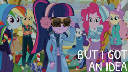 Size: 1280x720 | Tagged: safe, edit, edited screencap, editor:quoterific, screencap, applejack, fluttershy, pinkie pie, rainbow dash, rarity, sci-twi, twilight sparkle, equestria girls, equestria girls specials, g4, my little pony equestria girls: better together, my little pony equestria girls: holidays unwrapped, winter break-in, crossed arms, female, glasses, humane five, humane six, ponytail, smiling, sunglasses