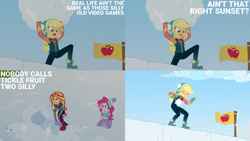 Size: 1280x720 | Tagged: safe, edit, edited screencap, editor:quoterific, screencap, applejack, pinkie pie, sunset shimmer, equestria girls, equestria girls specials, g4, my little pony equestria girls: better together, my little pony equestria girls: holidays unwrapped, saving pinkie's pie, eyes closed, female, food, open mouth, snow, snowball, snowball fight, souffle