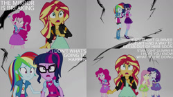Size: 1280x720 | Tagged: safe, edit, edited screencap, editor:quoterific, screencap, fluttershy, pinkie pie, rainbow dash, rarity, sci-twi, sunset shimmer, twilight sparkle, equestria girls, equestria girls specials, g4, my little pony equestria girls: mirror magic, boots, clothes, cracking, cutie mark, cutie mark on clothes, female, frightened, geode of empathy, geode of fauna, geode of shielding, geode of sugar bombs, geode of super speed, geode of telekinesis, glasses, hairpin, here we go again, implied starlight glimmer, jacket, jewelry, limbo, magical geodes, mary janes, mirror world, necklace, not again, not good, oh no, open mouth, ponytail, scared, shoes, skirt, uh oh, worried