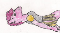 Size: 1342x744 | Tagged: safe, artist:ajkiel91, pinkie pie, earth pony, anthro, g4, armor, clothes, dead, death, female, funny, funny as hell, lying down, on back, solo, traditional art