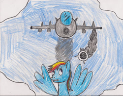 Size: 2160x1692 | Tagged: safe, artist:ajkiel91, rainbow dash, pegasus, pony, g4, abuse, bomb, dashabuse, go to sleep wind rider, imminent death, jet, missile, op is a duck, plane, traditional art, weapon
