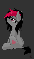 Size: 2298x4000 | Tagged: safe, artist:sefastpone, oc, oc:miss eri, earth pony, pony, artist, black and red mane, digital art, emo, female, gray background, looking up, mare, simple background, sitting, two toned mane