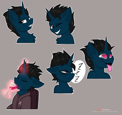 Size: 5000x4722 | Tagged: safe, artist:kianara, oc, oc only, oc:slashing prices, pony, unicorn, alcohol, bags under eyes, bust, cel shading, chair, clothes, commission, cutie mark, drinking, ear fluff, eyes closed, glass, grin, heart eyes, horn, lidded eyes, looking at you, magic, one eye closed, onomatopoeia, open mouth, patreon, patreon logo, portrait, red wine, robe, shading, sitting, smiling, smirk, smug, solo, sound effects, sticker, sticker pack, sticker set, tired, tongue out, twitter link, unicorn oc, watermark, wine, wine glass, wingding eyes, wink, winking at you, zzz