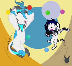 Size: 1307x1205 | Tagged: safe, artist:wheatley r.h., derpibooru exclusive, oc, oc only, oc:blizzard flare, dalmatian, dog, kirin, circle, clothes, cloven hooves, eyes closed, female, happy, happy birthday, jumping, mare, scarf, vector, watermark