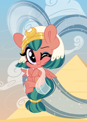 Size: 2153x2973 | Tagged: safe, artist:emberslament, somnambula, pegasus, pony, g4, :p, blushing, chibi, cute, desert, female, flying, heart eyes, high res, looking at you, mare, one eye closed, pyramid, solo, somnambetes, speed trail, tongue out, underhoof, wingding eyes, wink, winking at you